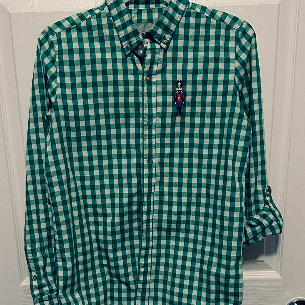 Eleanor Rose Green Checkered plaid boys Button Down Shirt nutcracker embroidery